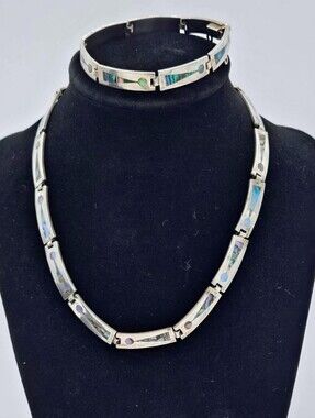 54.3 Grms ,Miguel Garcias Taxco 925 Sterling Abalone Inlay Necklace & Bracelet ,